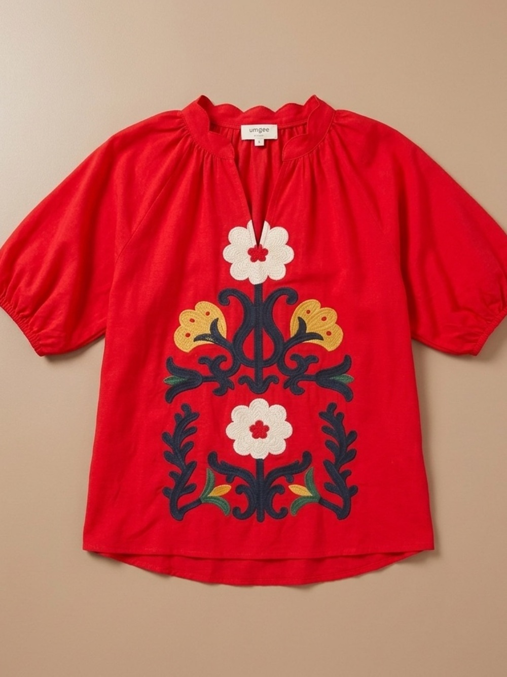 Umgee Red Embroidered Floral Blouse Size Small Boutique Top